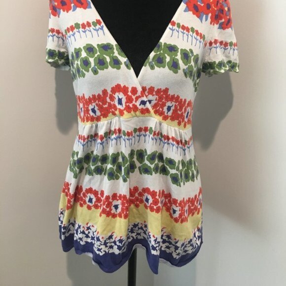 Anthropologie MOTH Multicolor Retro Floral Print Keyhole Cotton Top Size Small. - Picture 3 of 7